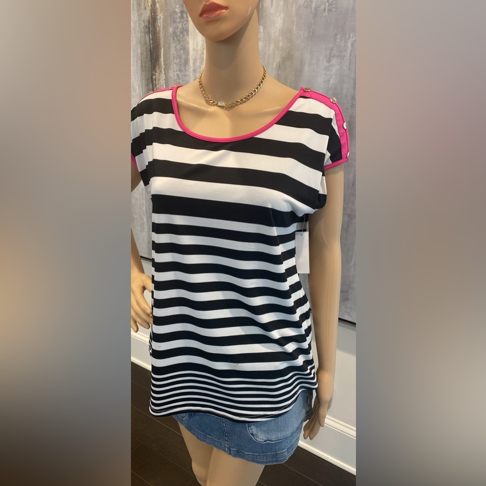 Women’s Black and White Striped Short Sleeve Top with Pink Trim
